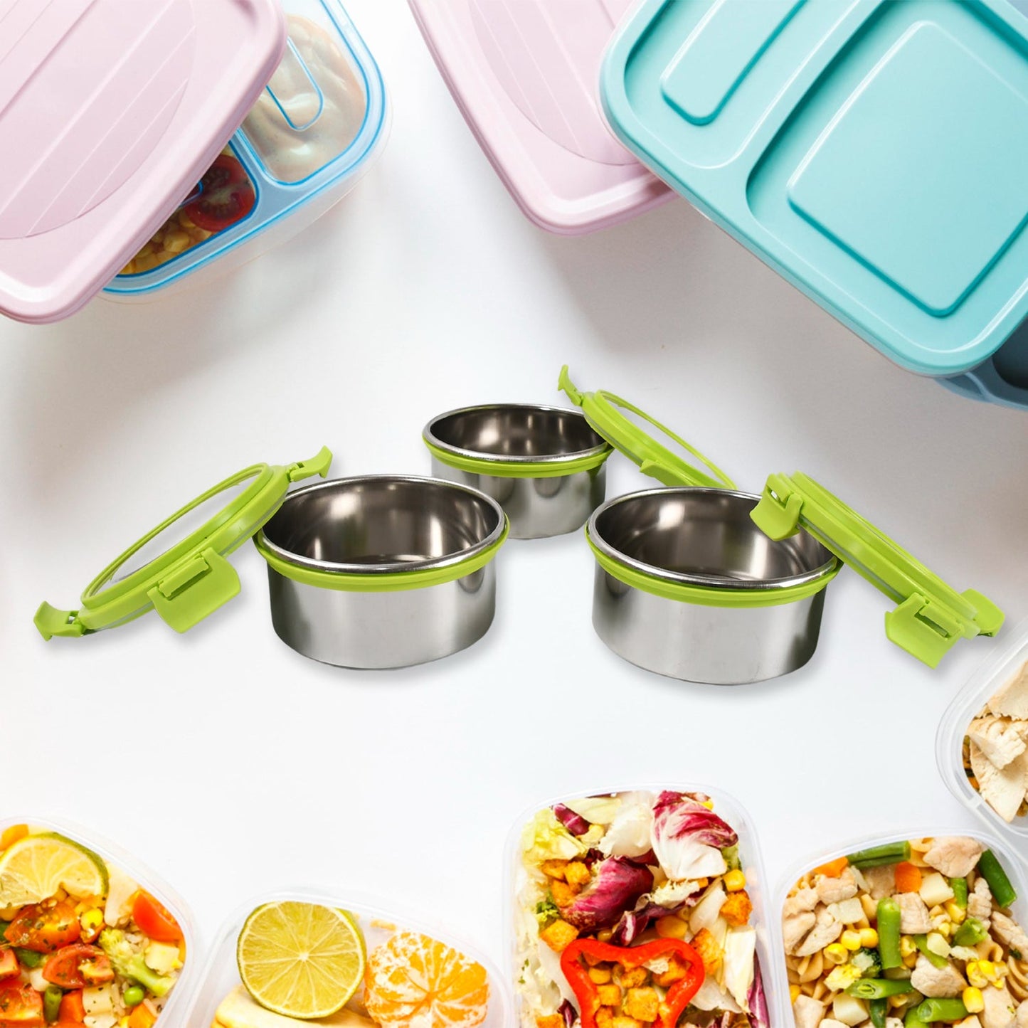 Stainless Steel Tiffin Lunch Box Container / Dabba with 4 Side Clip Lock Lid
