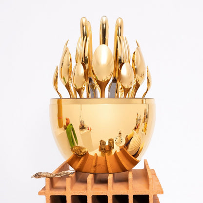 Premium Cutlery Set 24 Pcs with Oval Shaped Stand  (Golden / 24 pcs set)