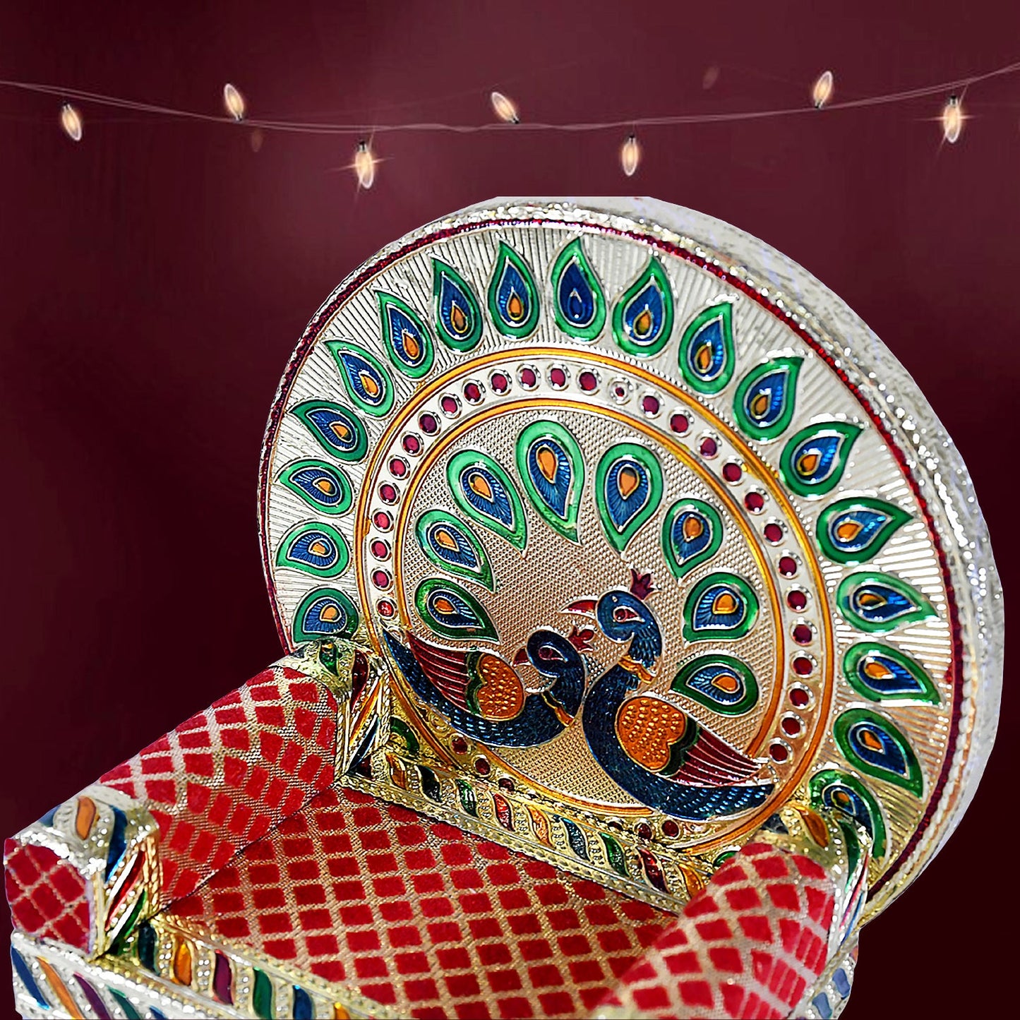 Meenakari Work Laddu Gopal Singhasan  / Sihasan for Pooja Mandir Wooden Krishna Ladoo Bal Gopal Sofa Asan, Home Decorative Premium Look Decorative Singhasan Suitable For Home, Office, Restaurant (2 Pc Set)