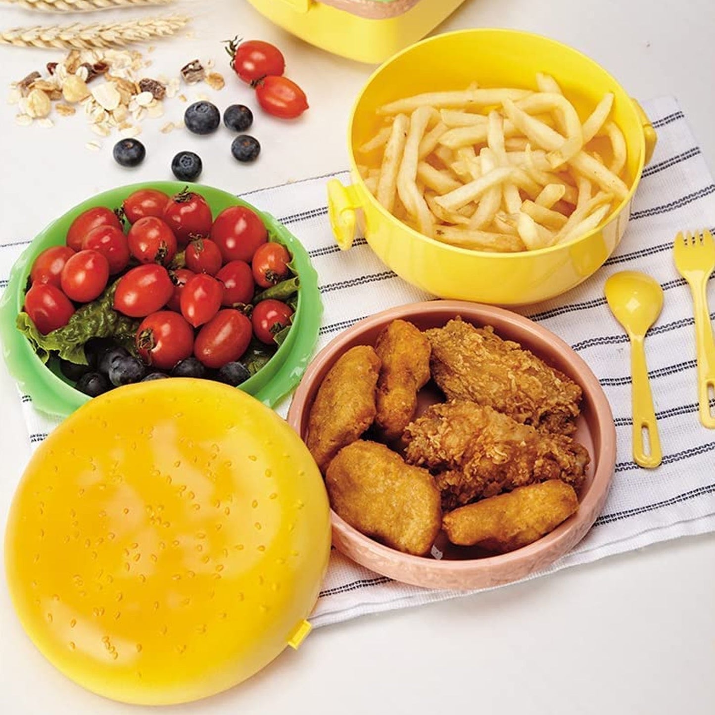 Burger Shape Lunch Box – Double Layer 1000ml Food Container with 2 Spoons for Kids