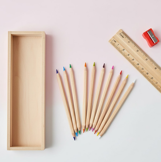 Colorful Wooden Pencil Set with Pencil box, Ruler, Sharpener (12 Pcs Set)