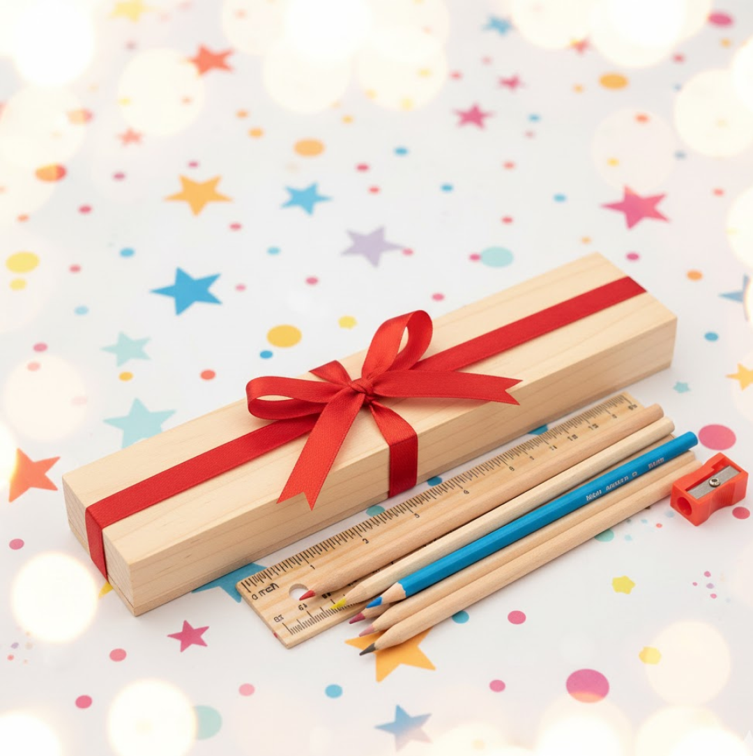Colorful Wooden Pencil Set with Pencil box, Ruler, Sharpener (12 Pcs Set)