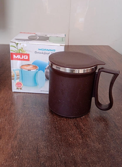 Coffee Mug with Lid & Handle – Plastic Covered Stainless Steel Mug (200 ML, Random Color)