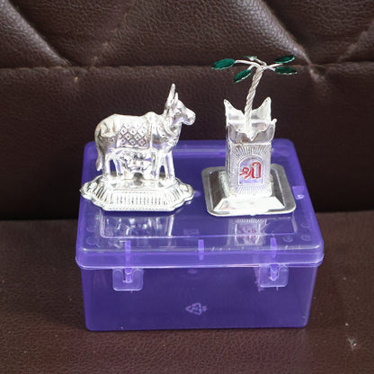 Silver-Plated Kamdhenu Cow & Tulsi Plant Pair – Pooja & Home Décor