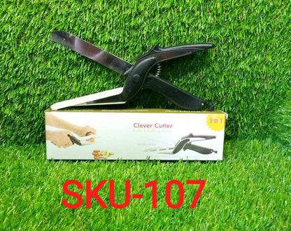 Clever cutter for slicing and dicing, features integrated handle.